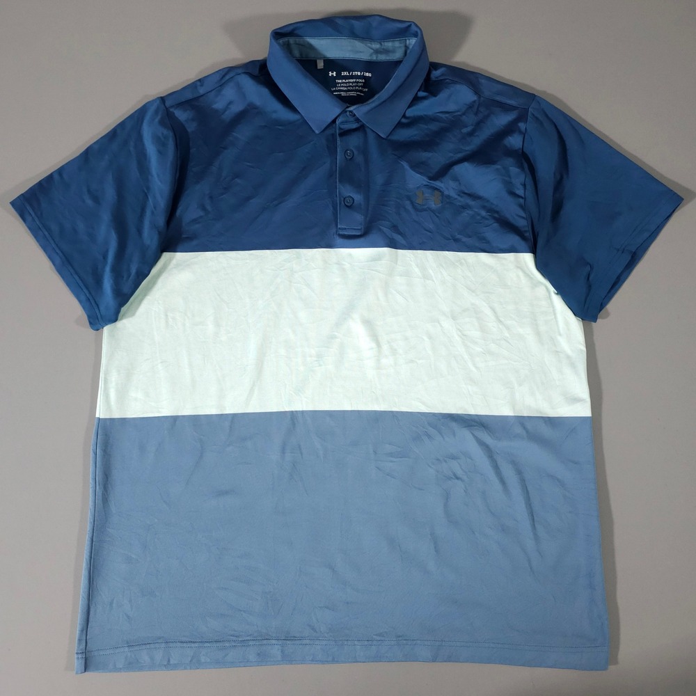 Under Armour Playoff Polo Mens 2XL Blue Colorblock Short Sleeve HeatGear Shirt